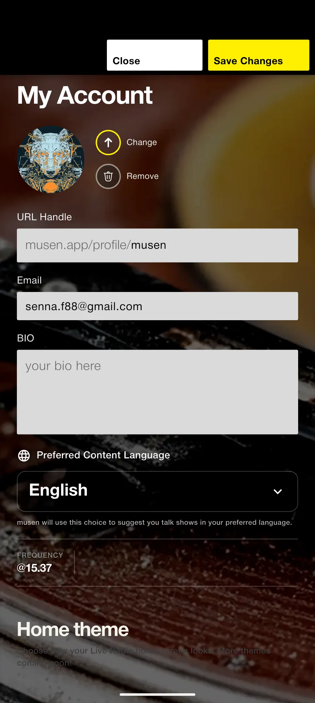 My Account settings with avatar, bio, preferred language, and Home theme